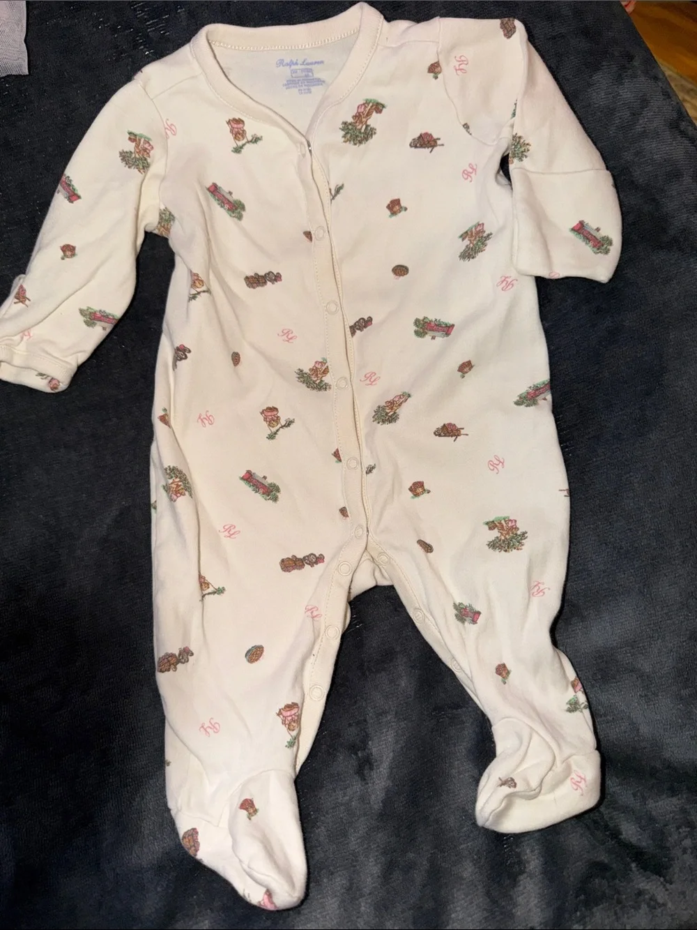Ralph Lauren Cream Floral & Toy Print Baby Footed One-Piece